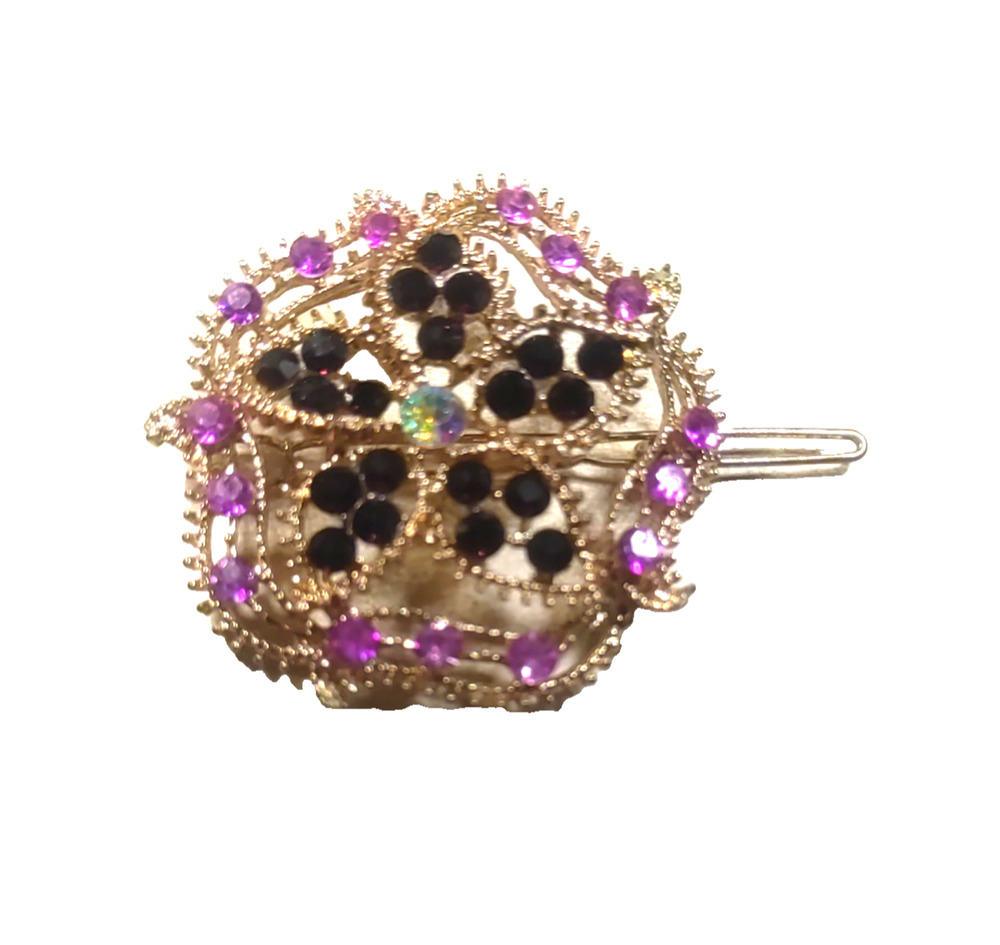 Purple Black Rhinestone Gold Tone Floral Victorian Dress Ball Hair Barrette